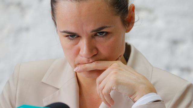 Svetlana Tikhanovskaïa lors d'une conférence de presse lundi à Minsk. [Reuters - Vasily Fedosenko]