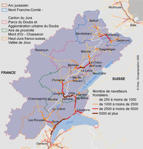 Estimation du nombre de travailleurs frontaliers résidant en France et se déplaçant en véhicule personnel (voiture, camion, fourgonnette) par tronçon routier [https://www.arcjurassien.ch/]