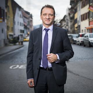 Romain Schaer, candidat UDC à l'élection complémentaire au Conseil d'Etat jurassien, le 18 décembre 2019 à Delémont. [Keystone - Jean-Christophe Bott]