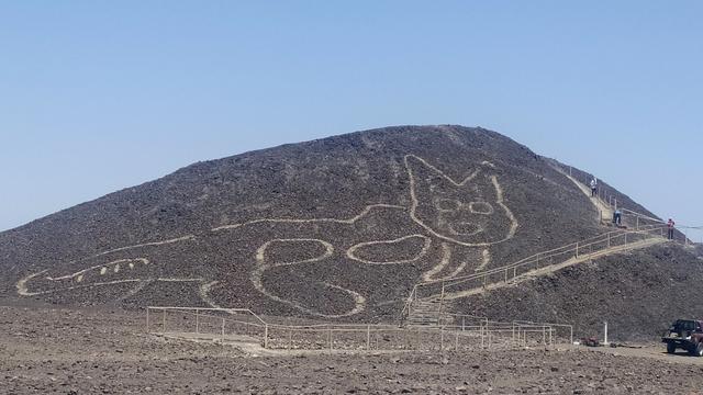 Le géoglyphe de chat mis au jour récemment à Nazca, au Pérou. [Keystone - Jhony Islas/Peru's Ministry of Culture - Nasca-Palpa via AP]