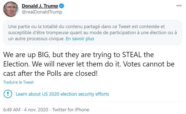 Capture d'écran: tweet Donald Trump masqué par Twitter. [RTS - DR]