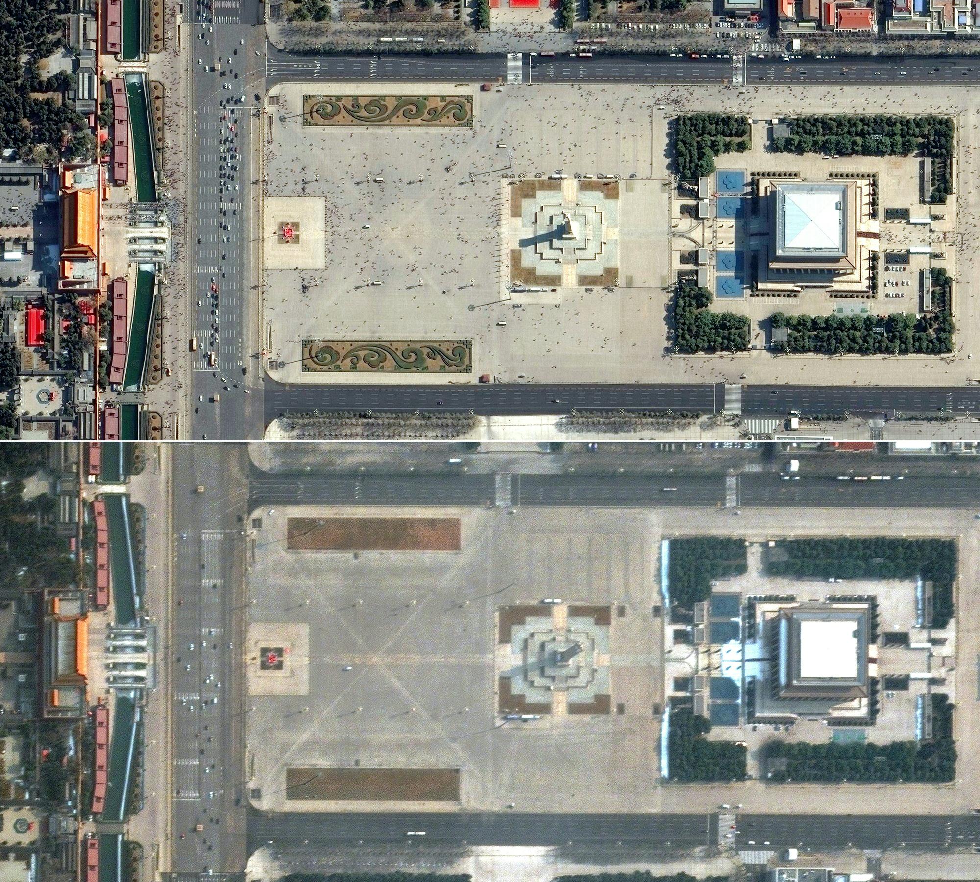 La place Tian'anmen à Pékin le 21 février 2019, puis le 5 mars 2020 [AFP - Maxar Technologies]