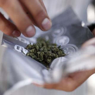 Un consommateur prépare son mélange de cannabis en vue de fumer un joint. [AP/Keystone - Rebecca Blackwell]