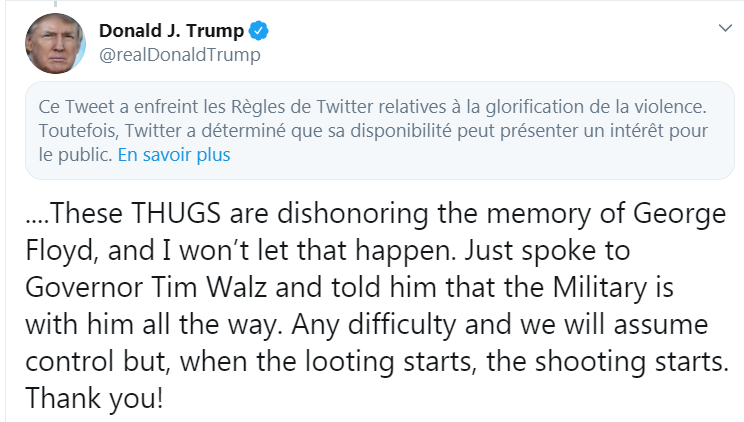 Twitter a à nouveau signalé un tweet du président américain Donald Trump pour "glorification de la violence". [Twitter]