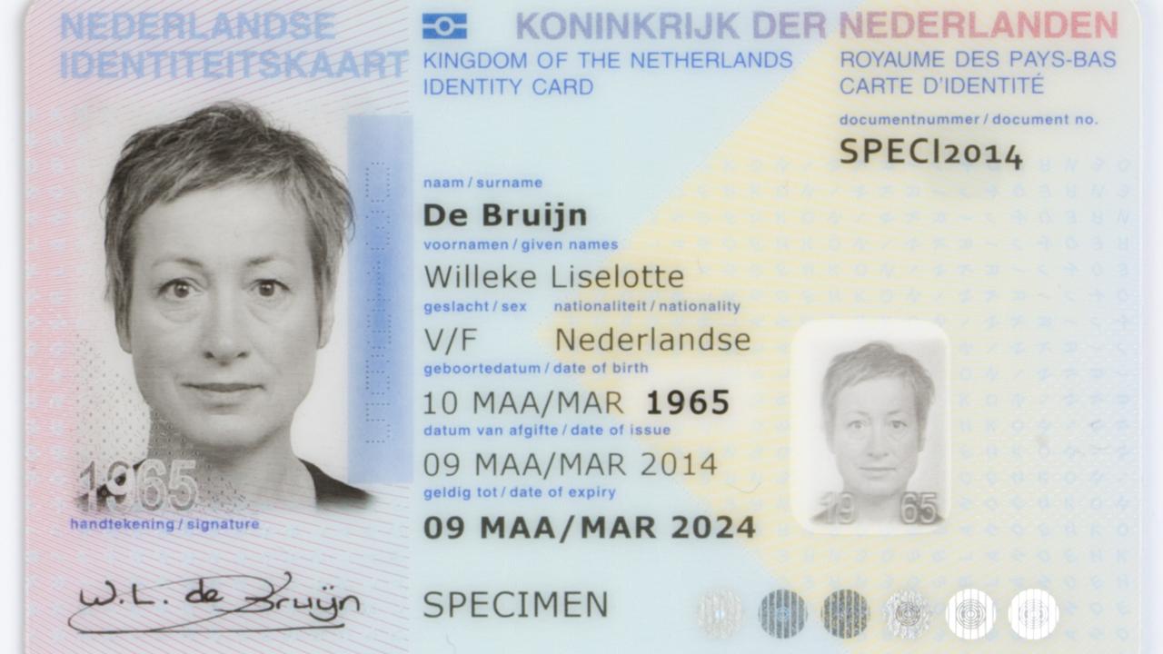 La carte d'identité actuelle des Pays-Bas, avec mention du sexe [Domaine public - Rijksdienst voor Identiteitsgegevens (RvIG)]