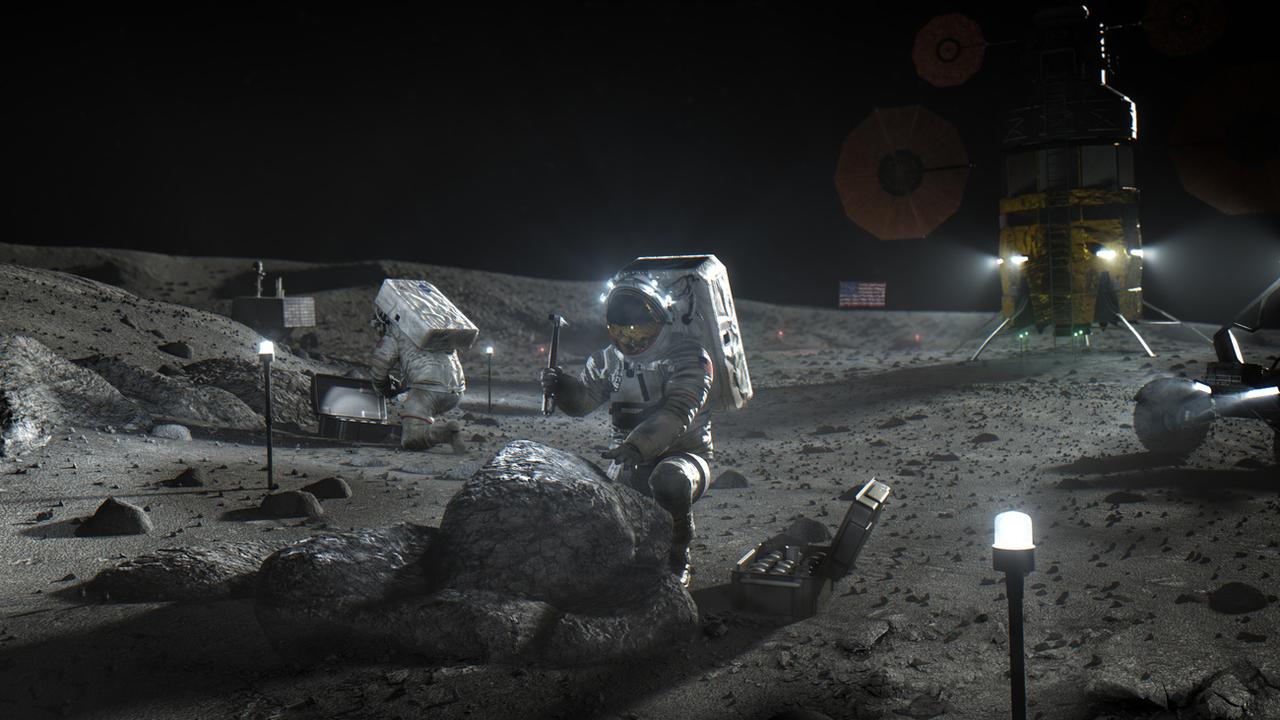 This illustration made available by NASA in April 2020 depicts Artemis astronauts on the Moon. On Thursday, April 30, 2020, NASA announced the three companies that will develop, build and fly lunar landers, with the goal of returning astronauts to the moon by 2024. The companies are SpaceX, led by Elon Musk; Blue Origin, founded by AmazonâÄ&#x2122;s Jeff Bezos; and Dynetics, a Huntsville, Ala., subsidiary of Leidos. (NASA via AP) [AP/Keystone - NASA]