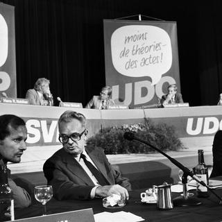 Conférence du parti UDC sur les problèmes des médias, le 3 septembre 1983. [Keystone/Str]