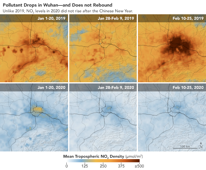 Les polluants baissent à Wuhan – et ne remontent pas. Contrairement à 2019, les niveaux de NO2 en 2020 ne sont pas remontés après le Nouvel An chinois. [ESA/NASA - Sentinel-5/Aura]