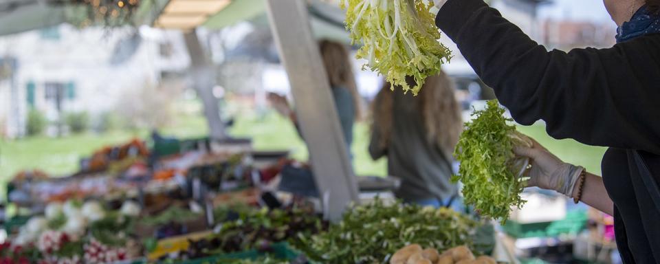 Une maraichere montre un legume a une cliente, ce samedi 21 mars 2020 a Puplinge pres de Geneve. En Suisse, l'interdiction des marches alimentaires en plein air touche directement les agriculteurs. Pour compenser, les maraichers trouver d'autres solutions pour vendre leurs produits, dont la vente directe a la ferme. (KEYSTONE/Martial Trezzini) [KEYSTONE - Martial Trezzini]