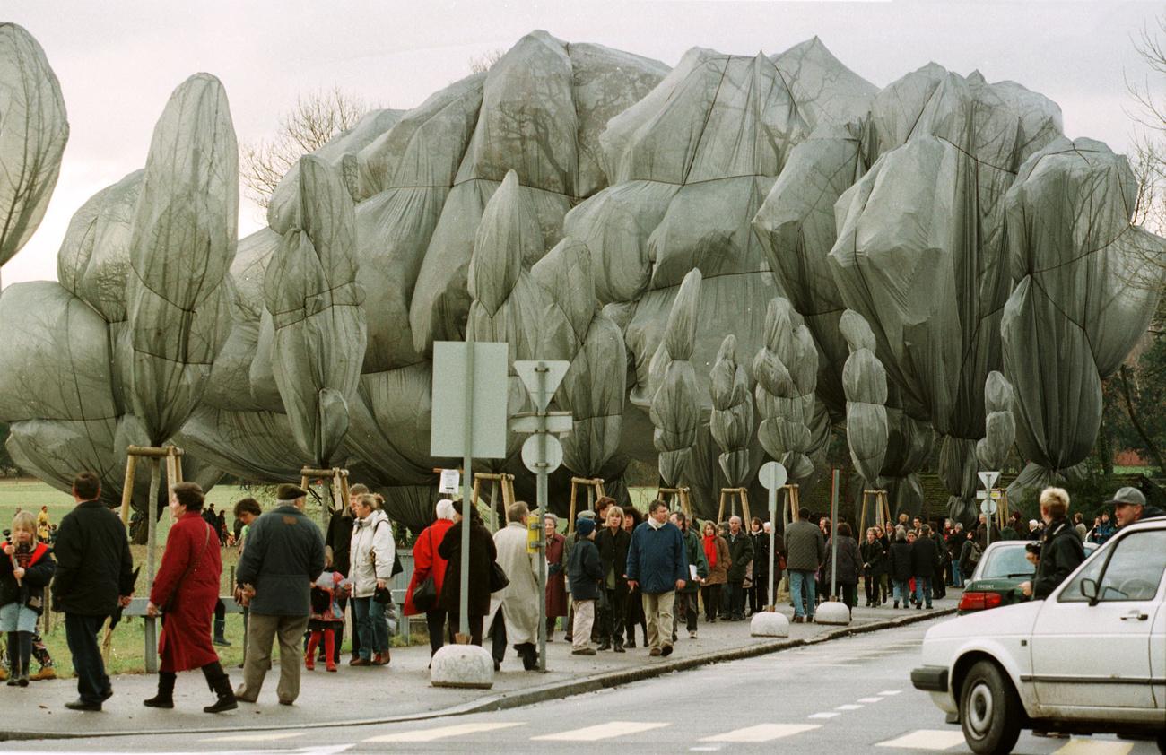 Christo avait emballé des arbres en Suisse à Riehen, près de Bâle, en 1998. [KEYSTONE - WINFRIED ROTHERMEL]