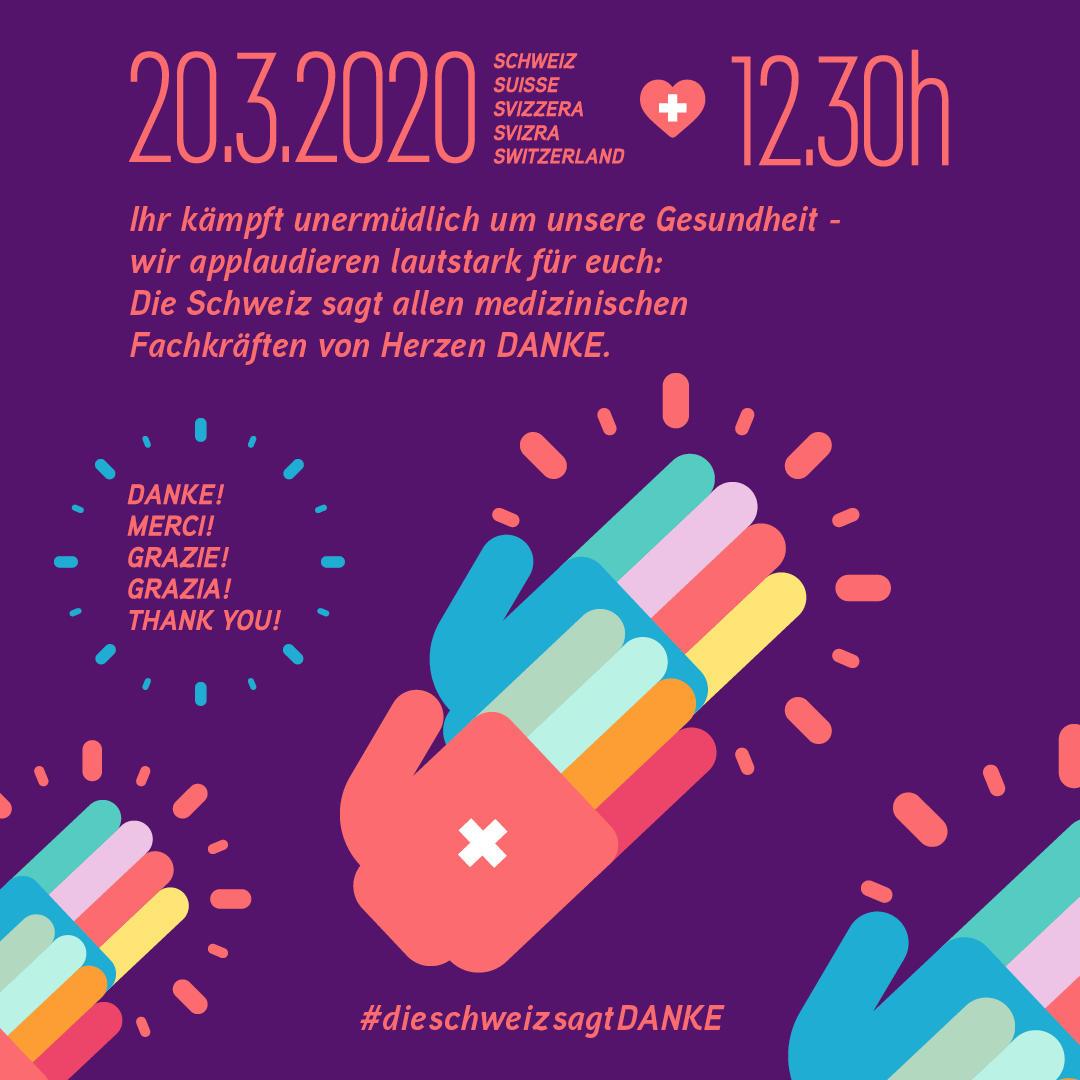 #dieschweizsagtDANKE #lasuisseditMERCI: toutes et tous sont appelés à applaudir le personnel de santé, vendredi 20 mars à 12h30. Un concert d'applaudissement qui devrait être européen.