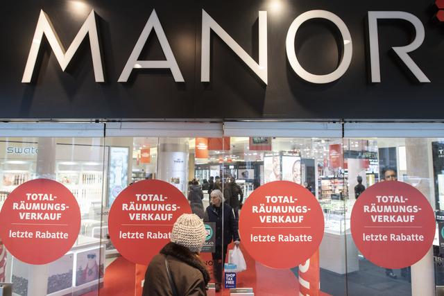 Une enseigne de la chaîne de magasins Manor, photographiée le 29 janiver 2020 à Zurich. [Keystone - Ennio Leanza]