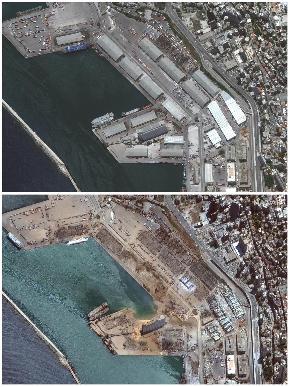 Le port de Beyrouth et ses environs avant et après les explosions du 4 août 2020 (en haut, le 9 juin 2020; en bas, le 5 août 2020). [Keystone/AP - Images satellite/Maxar Technologies]