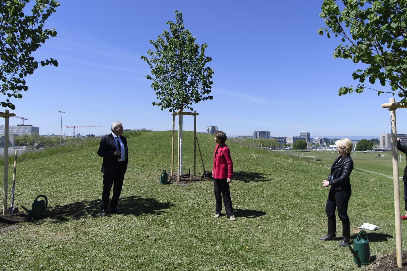 Le président du Conseil des Etats Hans Stöckli (à gauche), la présidente de la Confédération Simonetta Sommaruga (au centre) et la présidente du Conseil national Isabelle Moret (à droite) devant les arbres plantés près de BernExpo. [Keystone - Anthony Anex]