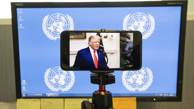 Donald Trump attaque la Chine dans une vidéo pour l'assemblée de l'ONU. [Keystone - EPA/Justin Lane]