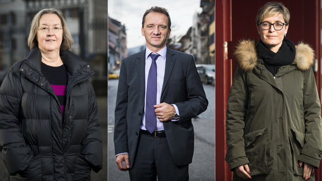 Le match à trois se poursuit dans la course au Gouvernement jurassien entre Anne Seydoux-Christe (à gauche), Romain Schaer (au centre) et Rosalie Beuret-Siess (à droite). [Keystone - Jean-Christophe Bott]