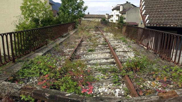 Les rails de la ligne ferroviaire du Tonkin à la frontière entre Suisse et France à St-Gingolph. [Keystone - Andree-Noelle Pot]
