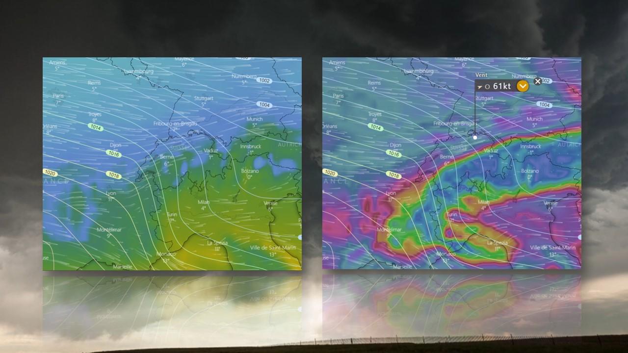 Tempête Ciara: températures à 850 hPa (1500m) et rafales au sol le 11 février 2020 à 1h locales [ECMWF]