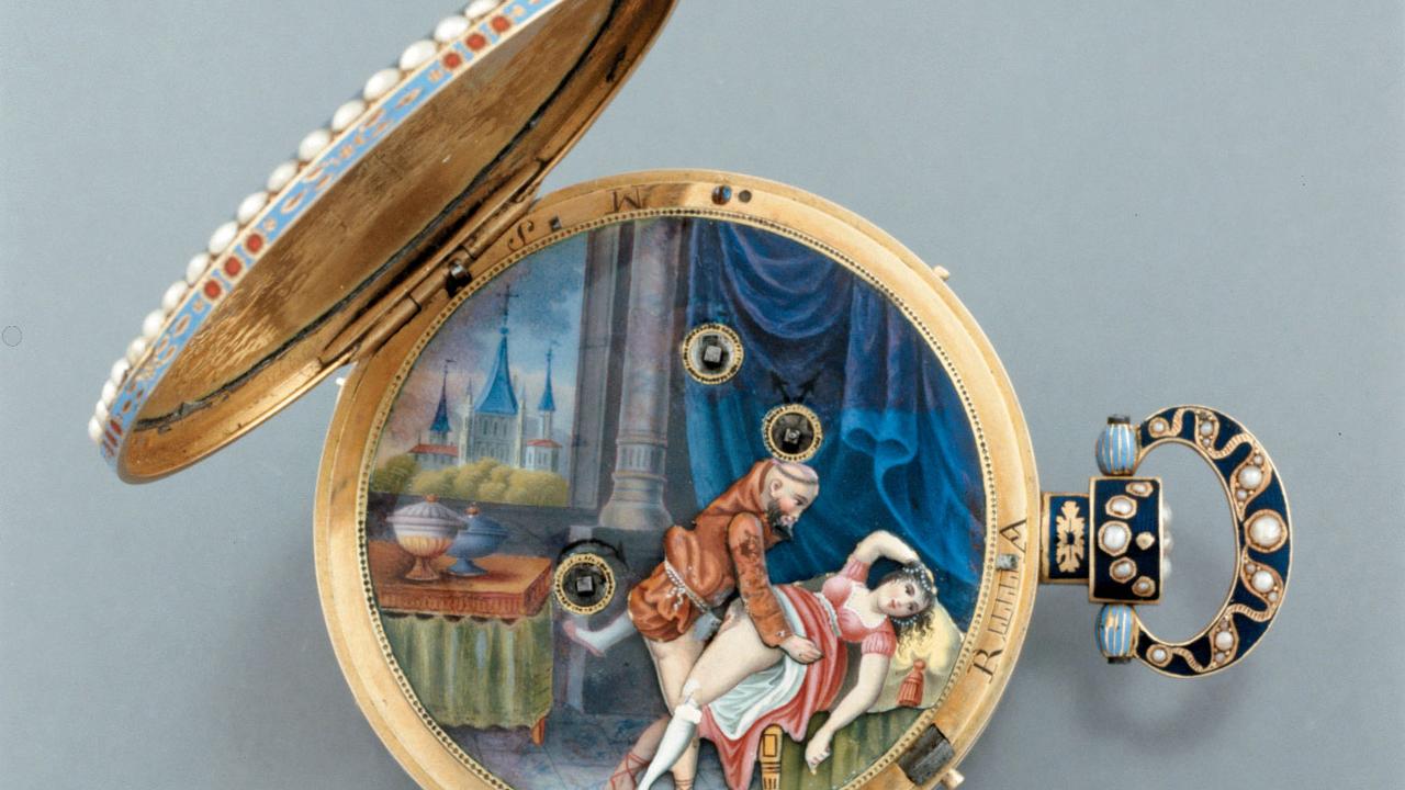 Montre à automate et musique attribuée à Piguet et Meylan, vers 1820, Genève, à découvrir dans le cadre de l'exposition "Et plus si affinités... Amour et sexualité au 18e siècle" au Château de Prangins. [Musée international d'horlogerie, La-Chaux-de-Fonds]