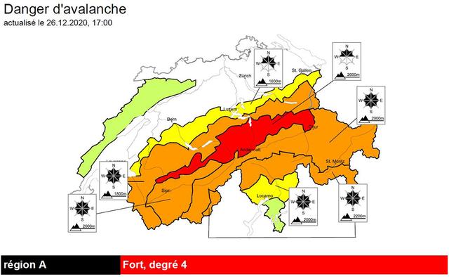 Le bulletin d’avalanches du 26.12.2020 à 17h00. [Angehrn, Olivier (RTS)]