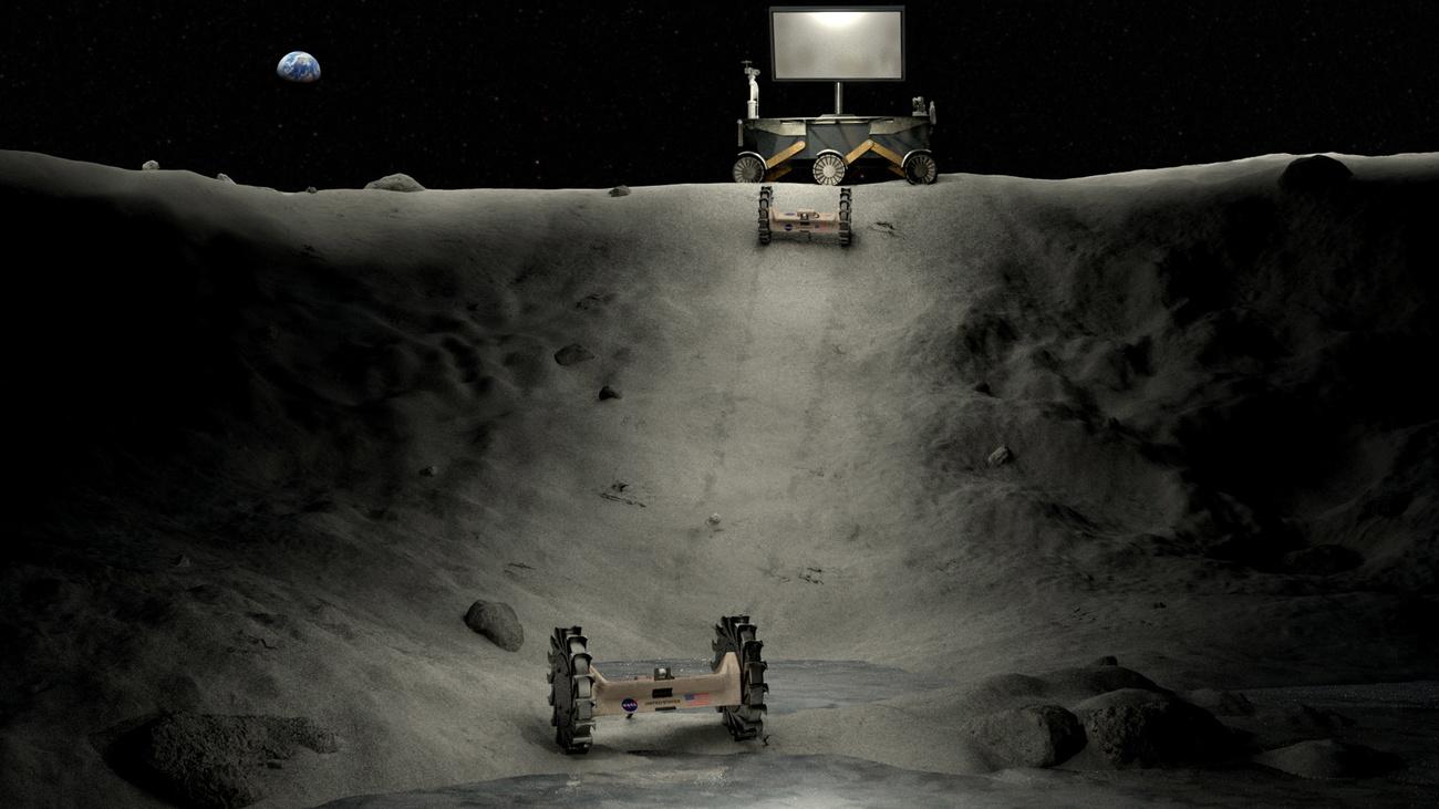 Ce dispositif, développé par la NASA dans le cadre du projet Artemis, doit permettre d'explorer les cratères lunaires à la recherche d'eau. [NASA - NASA HANDOUT]