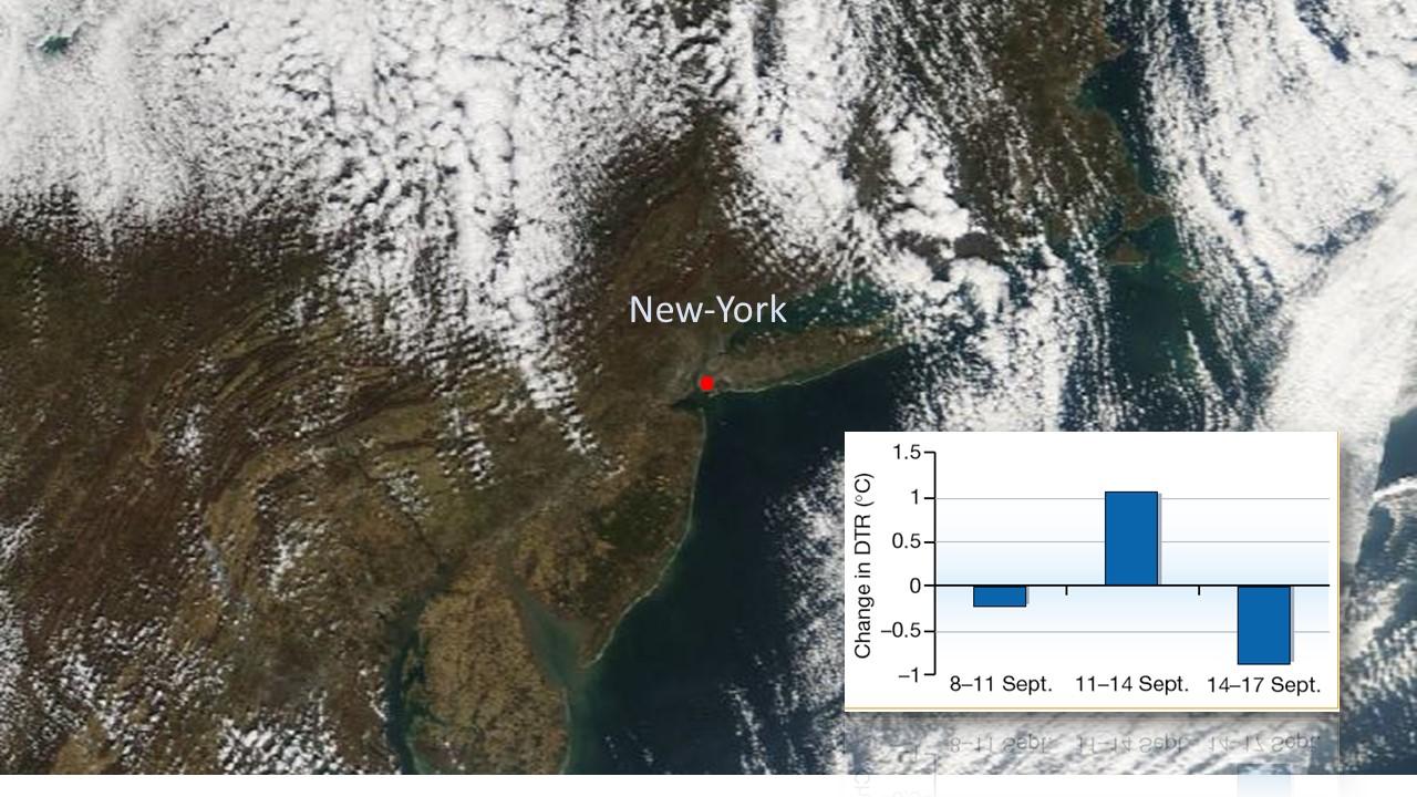 Image satellite de l'Etat de New-york, le 12 septembre 2001 et variations de températures observées du 8 au 17 septembre. [Modis/rapidfire]