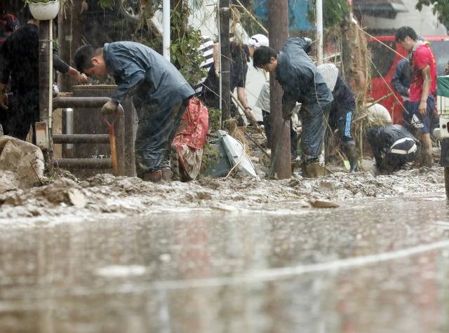 Des dégâts dus aux inondations dans la ville d'Hitoyoshi, dans la préfecture de Kumamoto. Japon, le 5 juillet 2020. [Keystone/The Yomiuri Shimbun via AFP - Ichiro Ohara]