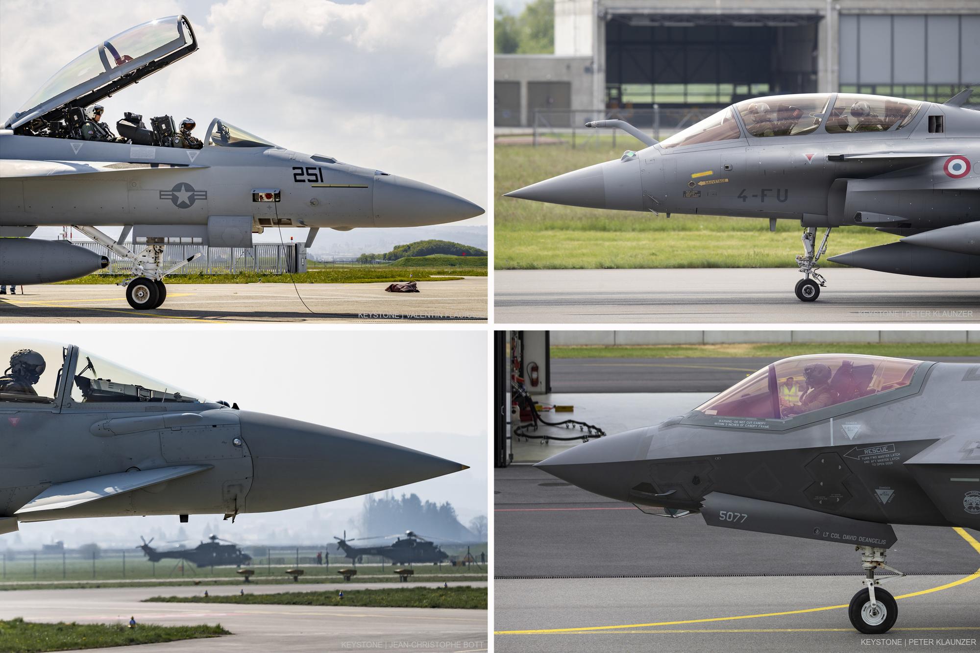 Les quatre avions en lice pour remplacer les F-A-18 de l'armée suisse: le F/A-18 Super Hornet, le Rafale, l'Eurofighter et le F-35 (de gauche à droite et de haut en bas). [Keystone - Gaëtan Bally/Peter Klaunzer/Jean-Christophe Bott]