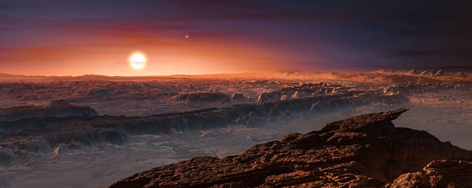 Vue d'artiste de la surface de Proxima b, une planète extrasolaire de la taille de la Terre en orbite autour de l'étoile Proxima du Centaure.
Observatoire européen austral, (ESO)
Unige [Unige - Observatoire européen austral, (ESO)]