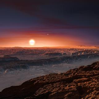 Vue d'artiste de la surface de Proxima b, une planète extrasolaire de la taille de la Terre en orbite autour de l'étoile Proxima du Centaure.
Observatoire européen austral, (ESO)
Unige [Unige - Observatoire européen austral, (ESO)]