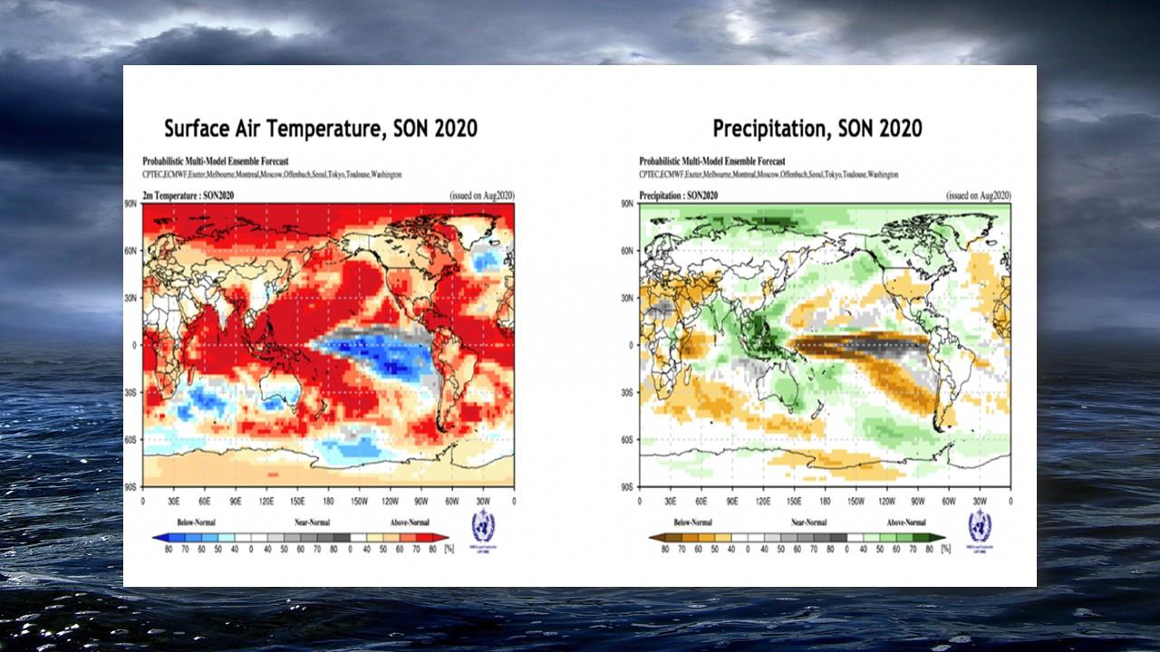 Prévisions saisonnières: anomalies de températures et de précipitations entre septembre et novembre 2020. [OMM]