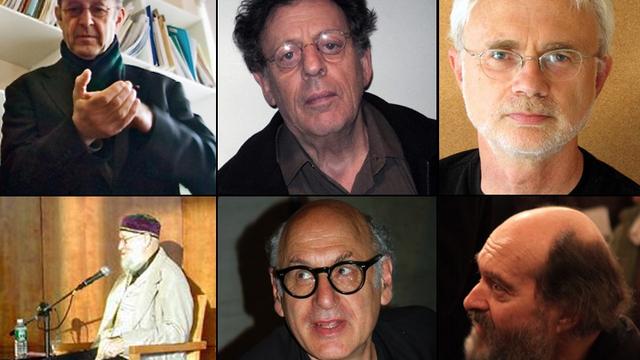 Les compositeurs minimalistes: Steve Reich, Philip Glass, John Adams, Terry Riley, Michael Nyman et Arvo Pärt. [CC BY-SA 4.0 / Wikimedia Commons - LPLT]