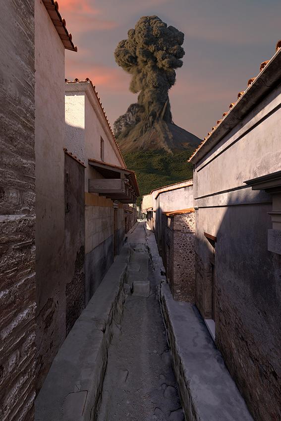 Reconstitution d'une rue de Pompéi. Derrière, le Vésuve en éruption. [Grand Palais]