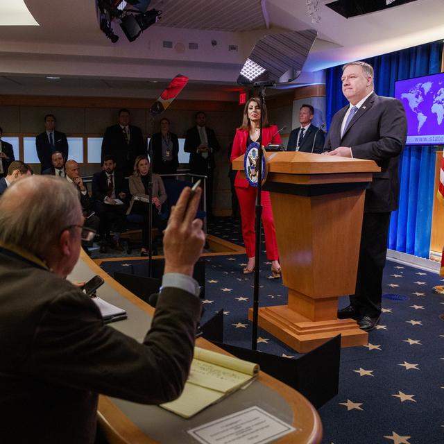 Le secrétaire d'Etat américain Mike Pompeo, en conférence de presse le 5 mars 2020 à Washington. [EPA/Keystone - Shawn Thew]