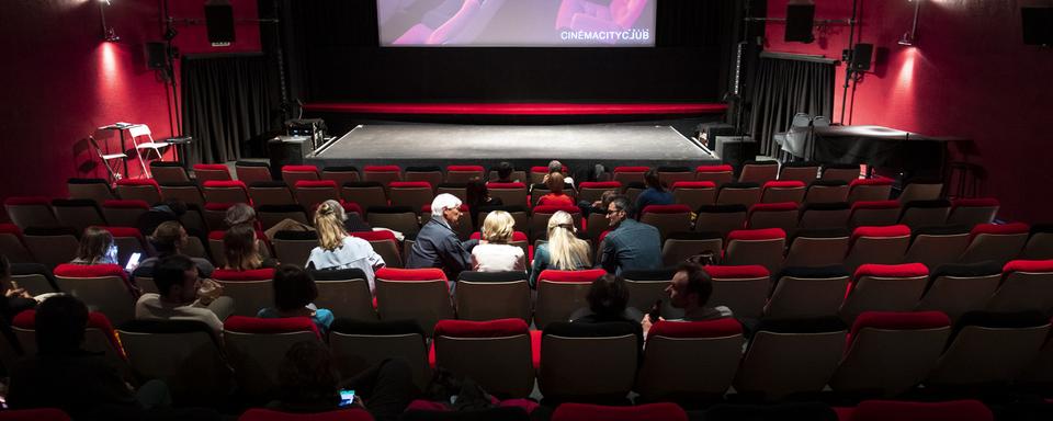 Des personnes s'installent avant de visionner le film "L'île aux oiseaux" dans la salle de projection du Cinema CityClub le jour de sa réouverture lors de la pandémie de Coronavirus (Covid-19) le 6 juin 2020 à Pully près de Lausanne. [Keystone - Laurent Gillieron]