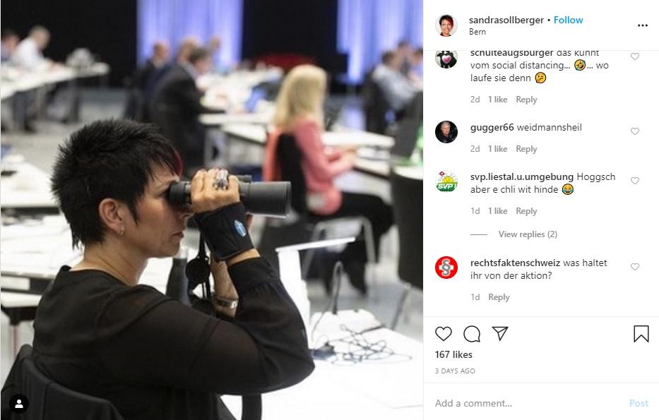 Sandra Sollberger (UDC/BL) dans le Parlement temporaire à BernExpo. [Instagram]