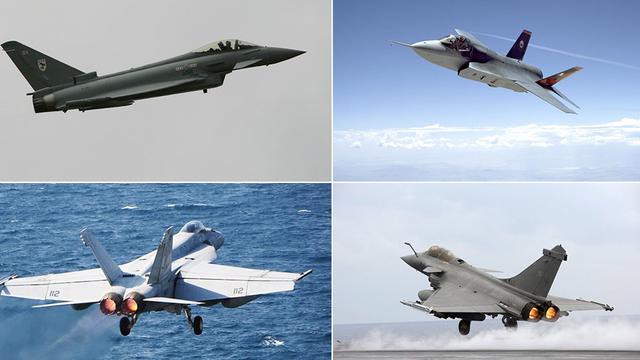 Le Conseil fédéral choisira quel type d'avion il veut pour son armée de l'air: l'Eurofighter (en haut à gauche), le F-35A, le F/A-18 Super Hornet (en bas à gauche) ou le Rafale. [EPA/Keystone]