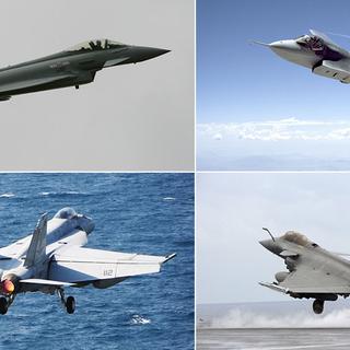 Le Conseil fédéral choisira quel type d'avion il veut pour son armée de l'air: l'Eurofighter (en haut à gauche), le F-35A, le F/A-18 Super Hornet (en bas à gauche) ou le Rafale. [EPA/Keystone]