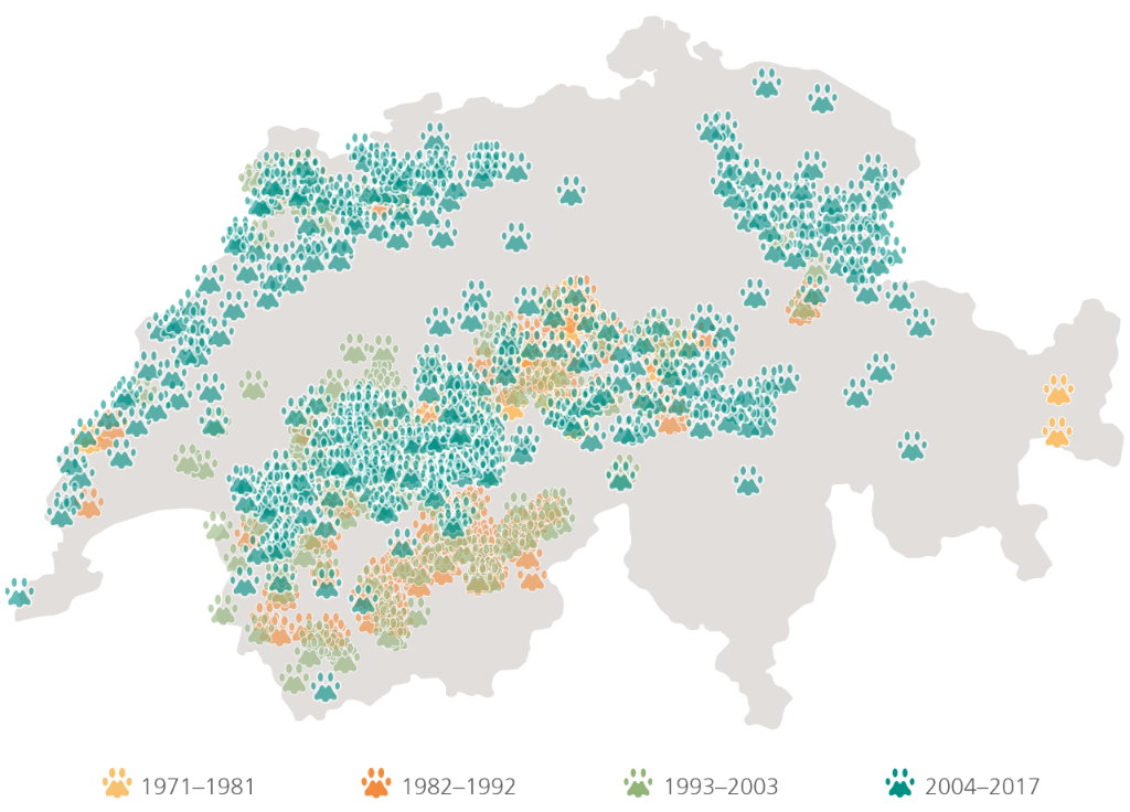 Aire de répartition géographique du lynx des Carpates en Suisse de 1971 à 2017 [OFEV]