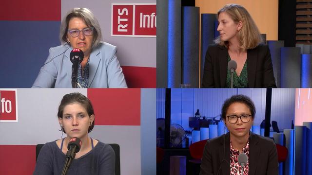 Elisabeth Baume-Schneider, conseillère aux Etats socialiste jurassienne, Charlotte Iselin, avocate spécialiste en droit pénal et coprésidente de l'association Avocats Ressources en matière de violences domestiques (ARVD), Miriam Mazou, chargée de cours au Centre de droit pénal de l'Université de Lausanne, et Valérie Vuille, directrice de l'association "DécadréE: un autre regard sur l'actualité". [RTS]