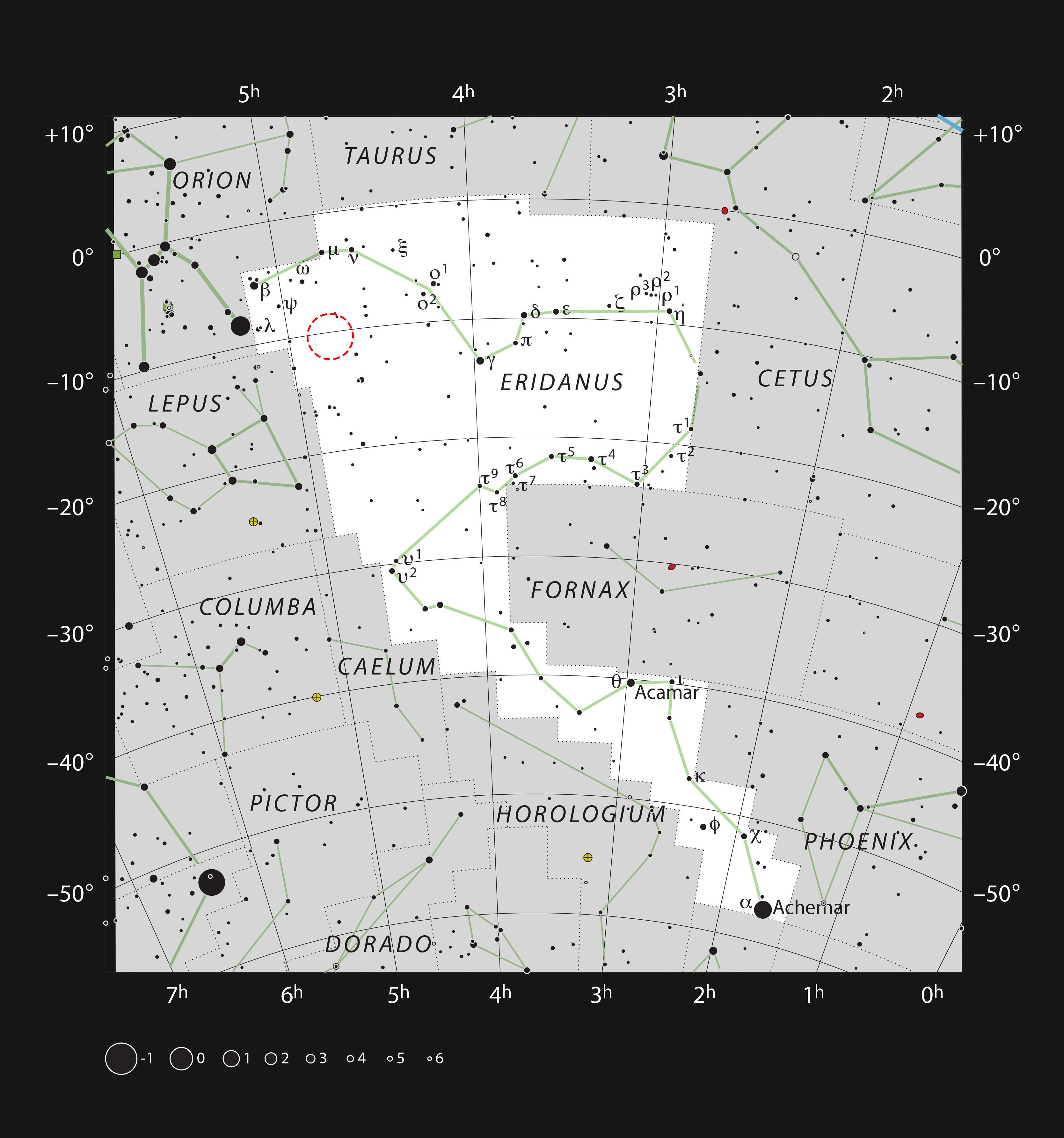 Cette carte montre l'emplacement d'AT2019qiz, un événement de rupture par effet de marée, dans la constellation d'Eridan. La carte montre la plupart des étoiles visibles à l'œil nu dans de bonnes conditions, et la localisation d'AT2019qiz est indiquée par un cercle rouge. [Sky & Telescope - ESO/ IAU]