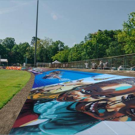 Le projet Urban Art Vélodrome au stade de Frontenex à Cologny. [urbanartvelodrome.com - Seika/Jazi/Graffmatt]