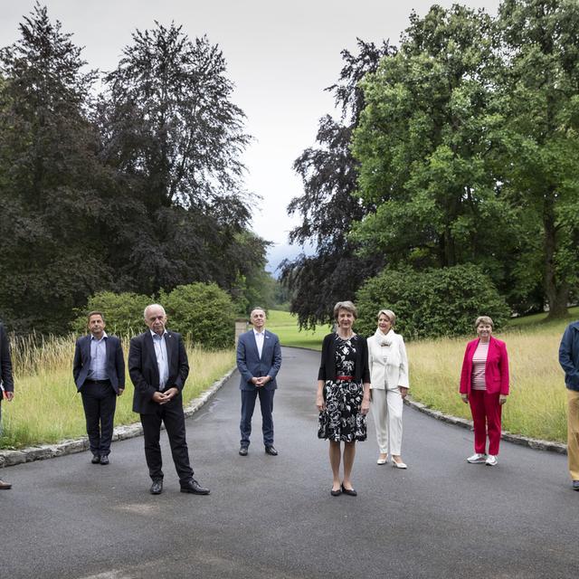 Le Conseil fédéral lors de leur course d'école à Riggisberg. [Keystone - Peter Klaunzer]