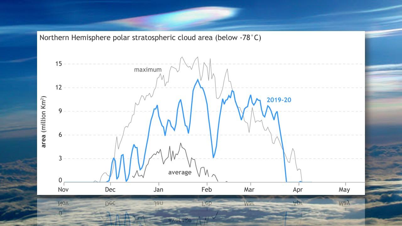 Extension des nuages stratosphériques polaires pendant l'hiver 2019-2020 (bleu), comparé à la moyenne (average) et aux maximum jamais enregistré. [NOAA]
