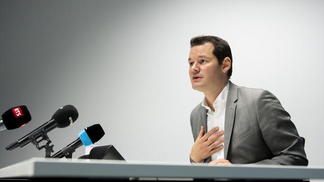 Le conseiller d'Etat genevois Pierre Maudet lors d'une conférence de presse. [Keystone - Jean-Christophe Bott]