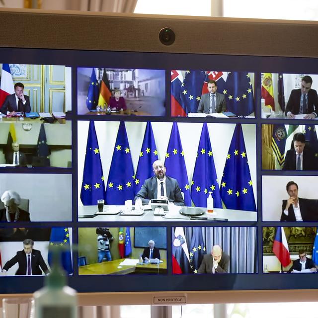 Un sommet de l'UE en visioconférence. [Keystone - EPA/Ian Langdson/Pool]