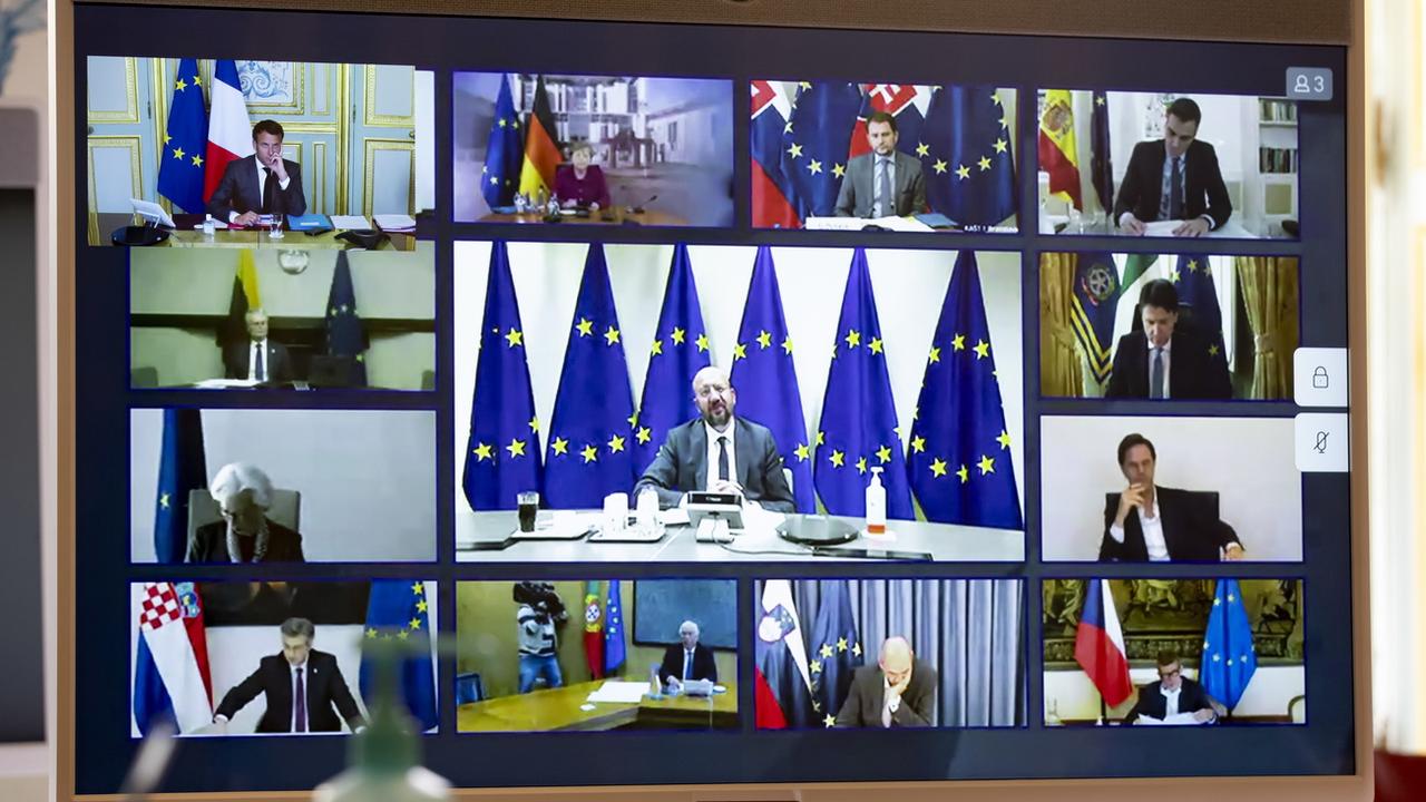 Un sommet de l'UE en visioconférence. [Keystone - EPA/Ian Langdson/Pool]