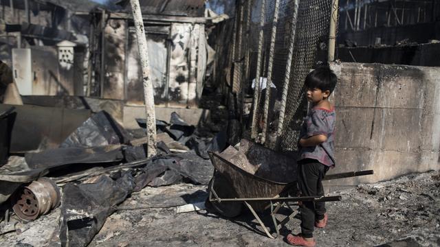 Le camp de Moria, sur l'île grecque de Lesbos, après l'incendie. [Keystone - Petros Giannakouris]