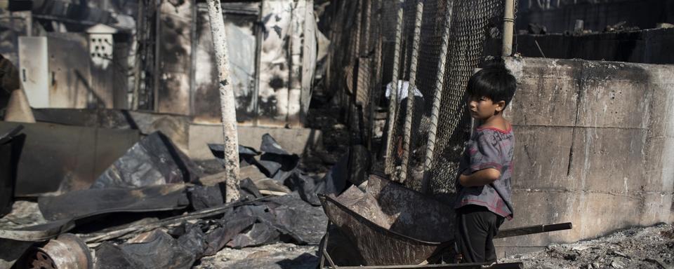 Le camp de Moria, sur l'île grecque de Lesbos, après l'incendie. [Keystone - Petros Giannakouris]