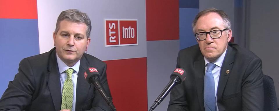 Marco Chiesa, sénateur UDC tessinois, et Michel Matter, conseiller national vert'libéral genevois. [RTS]